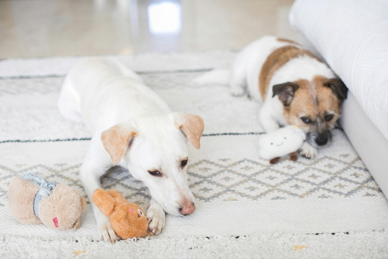 Happy golden retriever playing with our curated dog enrichment toys